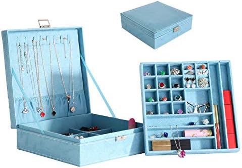 2-slojna kutija za nakit za žene, 36 mrežastih ogrlica ili organizatora nakita s bravom, plavo pakiranje od 1