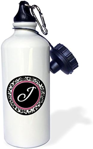 3Drose Pismo J Stilski monogramirani krug-girly osobni početni personalizirani crni damask s vrućom ružičastom Sportska boca s vodom,