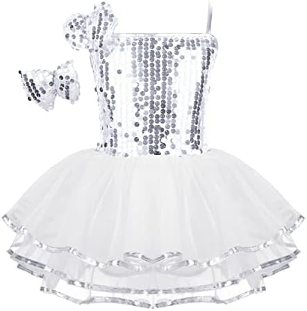 Dador Kids Girls Sequins Balet Dance Tutu Dress Jazz Latino plesna odjeća s Bowknot Outfit Stage Performance kostim White 4-5 godina