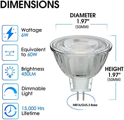 Led žarulja Energy Dimmable MR16 6W 12V 3000K toplo bijela boja, ekvivalentna zamjenu halogene žarulje snage od 50 W, CRI 90+, kut