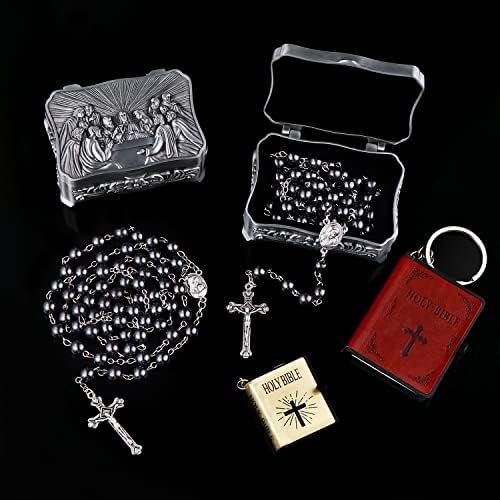Oemoo krunice kuglice katolik za muškarce, hematit krunice crne kamene kuglice, ogrlica od legure krunice, kršćanski darovi katolički