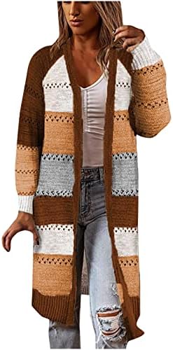 Jeseni kardigans za žene 2022 šuplje u boji dugih rukava blok boje dugačak džemper Pleteni otvoreni prednji odjeće