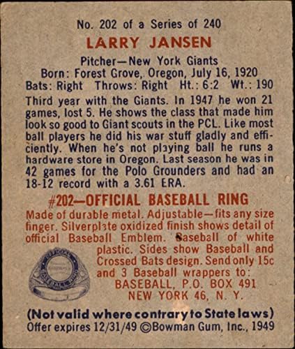 1949. Bowman 202 Larry Jansen New York Giants Ex Giants