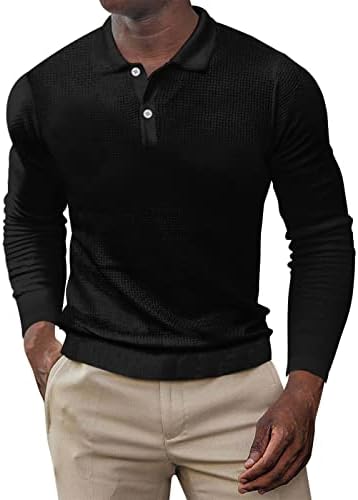ZDDO WAFFLE Pletene polo majice za muške, jeseni dugi rukav čvrste boje gumb Henley košulja košulja o ovratnik casual golf vrhovi