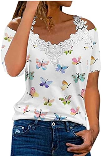 Hladna majica na ramenu za žene elegantne v vratne kukičane čipke vrhovi šarene print ljetne bluze košulje