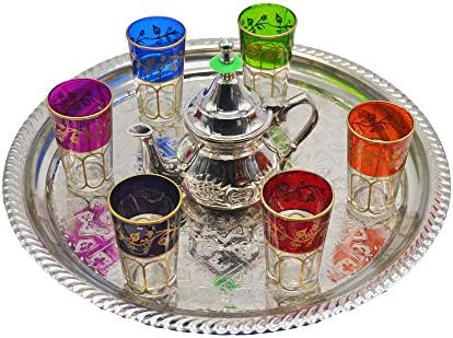 Horus Artesanía de Egipto marokanski čaj Set 6 čaša, mesingano pladanj od srebra promjera 28 cm, čajnik za 2 čaše. Čajnik pogodan za