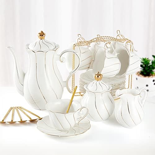Set za čaj od bijelog porculana od 22 komada za 6 osoba, luksuzni set šalica za čaj / kavu u britanskom stilu sa zlatnim ukrasom, prekrasan