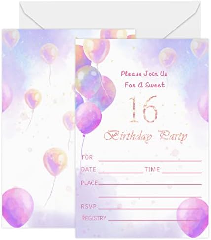Pozivnice za rođendan za djevojčice, šesnaest zaliha 16. zabave, 20 set s omotnicama