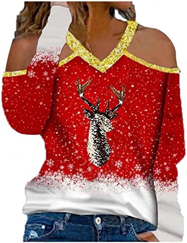 Božićna majica bez naramenica za žene sportski top s pahuljicama i sobovima mekani pulover na otvorenom džemper