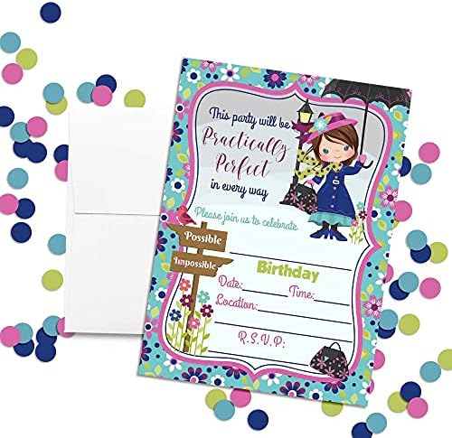 Praktično savršene čarobne dadilje tematske pozivnice za rođendan za djecu, 20 5 x7 ispunjavaju čestitke s dvadeset bijelih omotnica