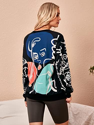 WDIRARA ženska figura grafički print Twimheirt okrugli vrat dugi rukavi kontrastna boja grafiti pulovers