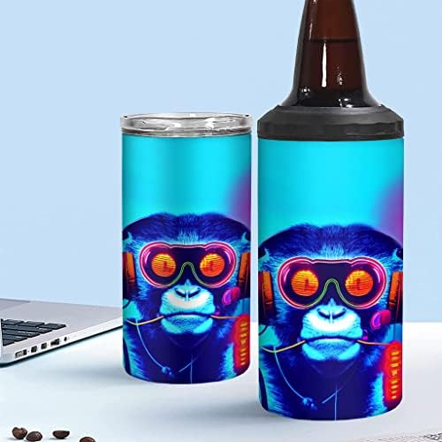 Hladni majmun sa naočalama i slušalicama izolirano vitak can hladnjak - Neon Print može hladiti - grafički izolirani vitki limenki