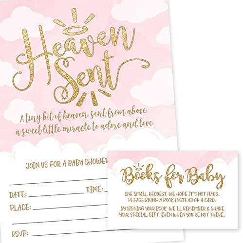 25 pozivnica za tuširanje za bebe djevojka od ružičastog zlata poslana u nebo oblacima, 25 opcija za knjigu gostiju zahtjev za tušem