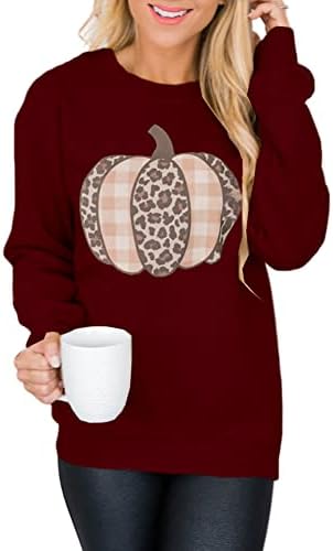 Jeemery Women's Halloween Leopard Print Bumpkin Graphic Twictics Creveck Crewneck Dugi rukavi casual labavi džemperi vrhovi