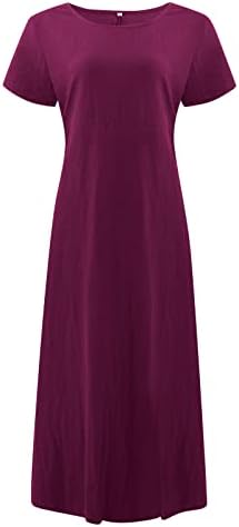 Ženski ljetni moda, ženska ljetna ležerna sosula čvrsta boja kratkih rukava O-Neck Šivanje labave džepne lanene haljine