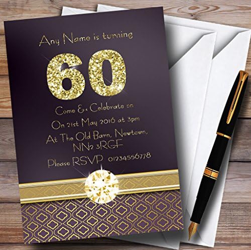 Ljubičasti saten i zlatni 60. pozivnice za rođendanske zabave