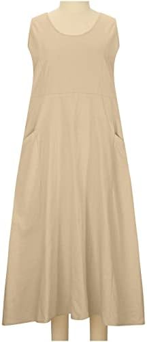 Ženska lanena haljina s naramenicama s velikim džepovima Vintage jednobojna haljina s okruglim vratom bez rukava ležerna labava tekuća