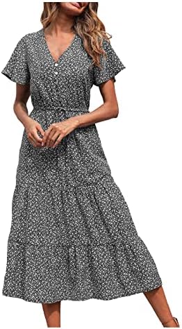UIKMNH Ženski odmor Cvjetna čipkasta dužina teleća maxi haljina lepršavi rukav ljetni Slub haljina fit & flare haljina kratkih rukava