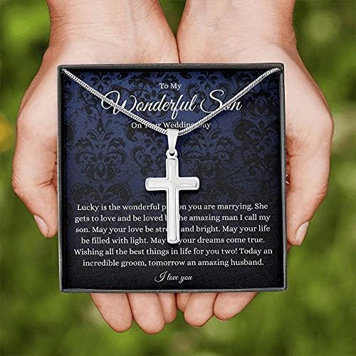 Nakit za poruke, ručno izrađena ogrlica- Personalizirani poklon križ, Dan vjenčanja sina, mladoženju od poklona mame/tate, poklon majke