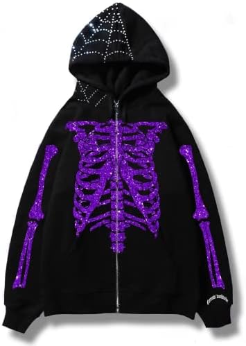 Žene Y2K Skeleton Zip Up Hoodie Rhinestone Dark AcademIa Gothic Graphic Twicirt Grunge Punk Estetička jakna Halloween