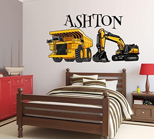 Zidna naljepnica za građevinske kamione - Zidne naljepnice s prilagođenim imenom za dječake - zidni dekor dječje sobe-Zidna naljepnica