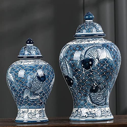 Cnpraz orijentalna keramička plava i bijela riba uzorak đumbir s poklopcem ， tradicionalna kineska porculanska hramska staklenka, jingdezhen