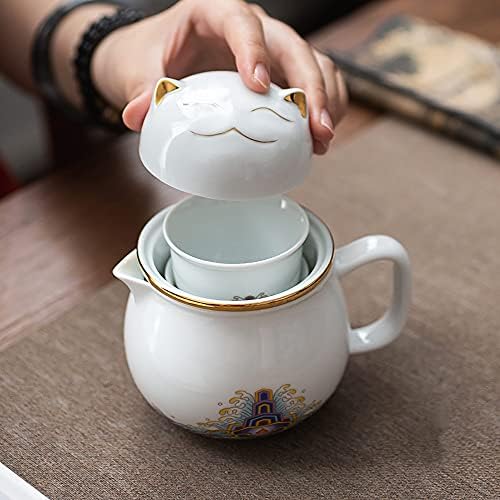 Prijenosni keramički set čaša za čaj: sretna mačka porculanski čajnik s ručicom - cjedilo za čaj - poklopci i 2 čajnik - 1 kućište